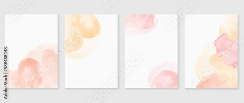Watercolor art background cover template set. Wallpaper design with paint brush, pink, orange color, brush stroke, pastel. Abstract illustration for prints, wall art and invitation card, banner.