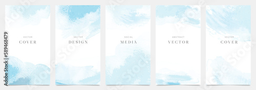 Watercolor art background cover template set. Wallpaper design with paint brush, blue color, brush stroke, pastel. Abstract illustration for prints, wall art and invitation card, banner