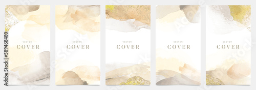 Watercolor art background cover template set. Wallpaper design with paint brush, beige, brush stroke, pastel, gold texture. Earth tone illustration for prints, wall art and invitation card, banner.