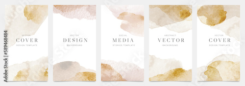 Watercolor art background cover template set. Wallpaper design with paint brush, beige, brush stroke, pastel. Earth tone illustration for prints, wall art and invitation card, banner.