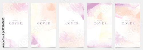 Watercolor art background cover template set. Wallpaper design with paint brush, pink, orange color, brush stroke, pastel. Abstract illustration for prints, wall art and invitation card, banner.
