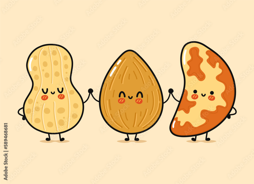 Cute, funny happy almonds, peanuts and Brazilian nut nut. Vector hand