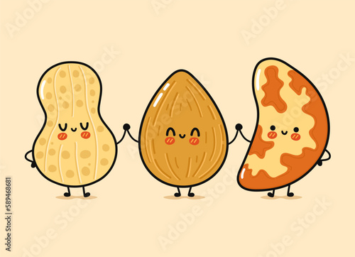 Cute, funny happy almonds, peanuts and Brazilian nut nut. Vector hand drawn cartoon kawaii characters, illustration icon. Funny happy cartoon almond, peanut and Brazilian nut mascot friends concept