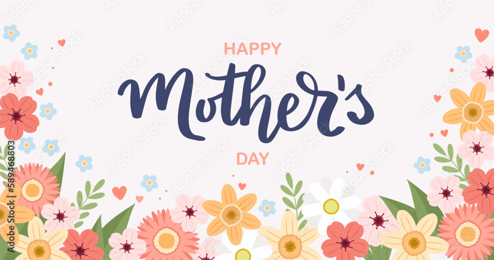 Mother s day banner with flowers, greeting card template, vector illustration with hand drawn lettering