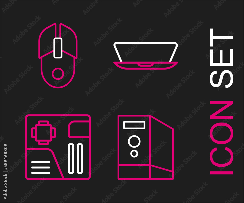 Set line Case of computer, Motherboard digital chip, Laptop and Computer mouse icon. Vector Set line Case of computer, Motherboard digital chip, Laptop and Computer mouse icon. Vector