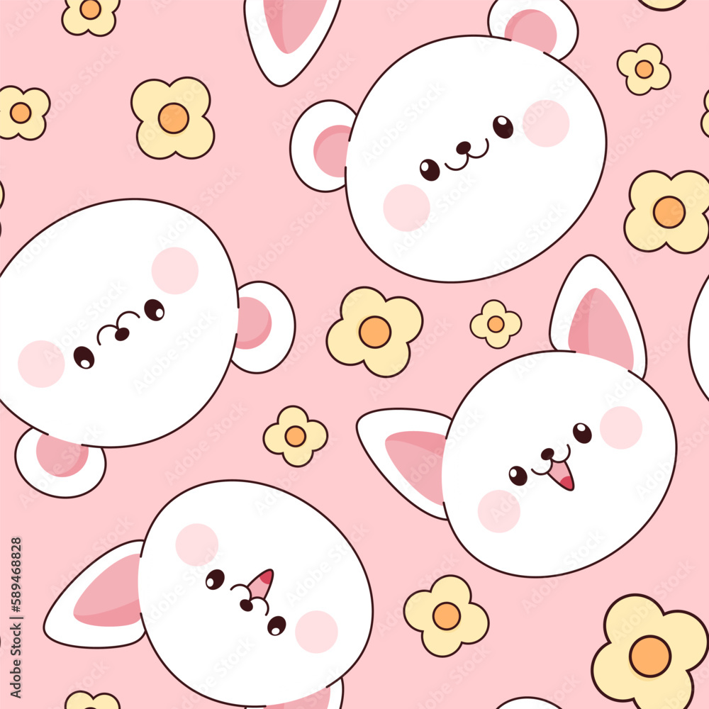 Cute pink seamless kawaii pattern with polar bear and cat with flowers Cute pink seamless kawaii pattern with polar bear and cat with flowers
