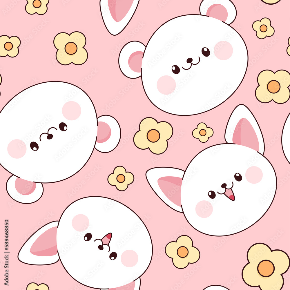 Cute pink seamless kawaii pattern with polar bear and cat with flowers