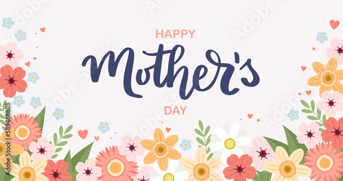 Mother s day banner with flowers, greeting card template, vector illustration with hand drawn lettering
