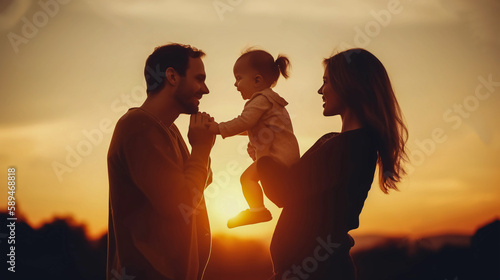 Happy family together, parents with their little baby at sunset