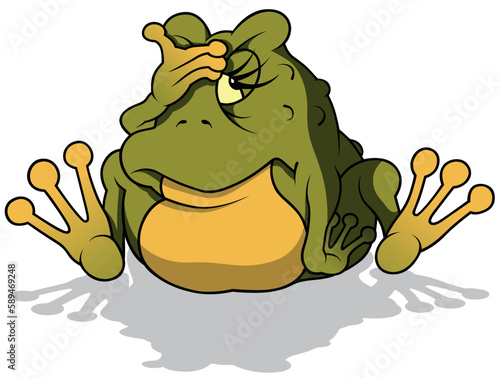 Green Frog with a Hand on his Forehead Sitting on the Ground