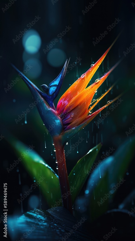 Bird of Paradise flower with waterdrops. Close up. Generative AI