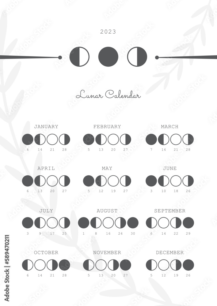 Moon Calendar 2023, Moon Phases 2023 Vector Illustration Stock Vector