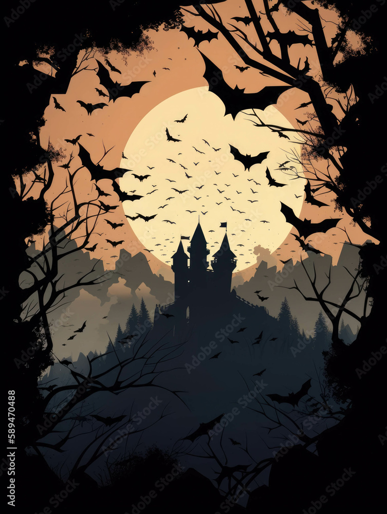 Dark branches stretching skyward a looming castle nestled deep in the forest a flock of bats flying in the distance. Gothic art. AI generation.