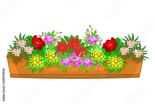 Flowers in flowerpot. Large bush of different plants in elongated flower pot. Houseplant blossom in box for interior room, sill, terrace, garden, windows or balcony to decorate. Vector illustration