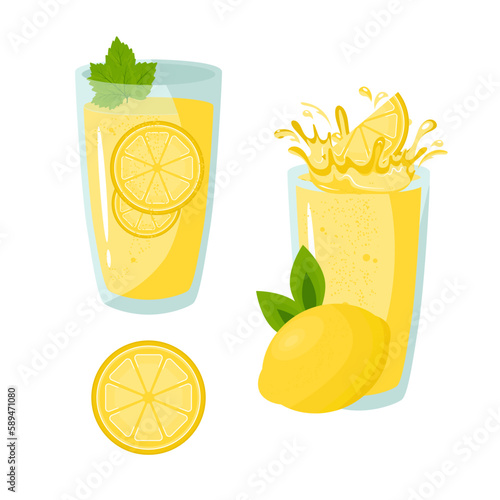 Lemon fruit. Lemonade, juice in a glass. Vector set in flat style