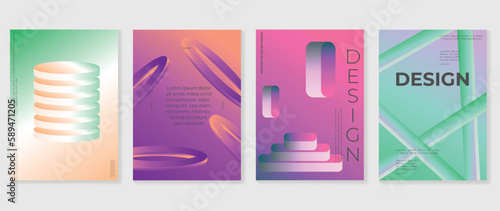 Abstract gradient background vector set. Minimalist style cover template with vibrant perspective 3d geometric prism shapes collection. Ideal design for social media, poster, cover, banner, flyer.