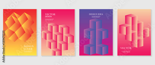 Abstract gradient background vector set. Minimalist style cover template with vibrant perspective 3d geometric prism shapes collection. Ideal design for social media, poster, cover, banner, flyer.