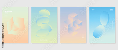 Abstract gradient background vector set. Minimalist style cover template with vibrant perspective 3d geometric prism shapes collection. Ideal design for social media, poster, cover, banner, flyer.