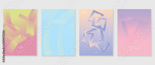 Abstract gradient background vector set. Minimalist style cover template with vibrant perspective 3d geometric prism shapes collection. Ideal design for social media, poster, cover, banner, flyer.