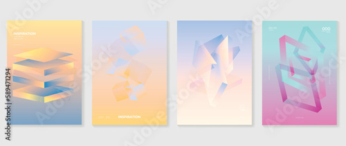 Abstract gradient background vector set. Minimalist style cover template with vibrant perspective 3d geometric prism shapes collection. Ideal design for social media, poster, cover, banner, flyer.
