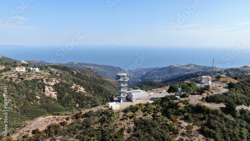Aerial view of Topanga Microwave tower on a sunny day in Calabasas City, California, USA