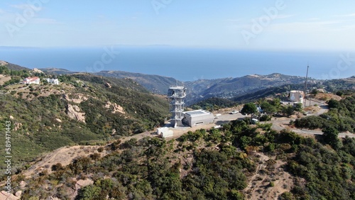 Aerial view of the Microwave and telecommunications tower of Topanga in Calabasas City, California