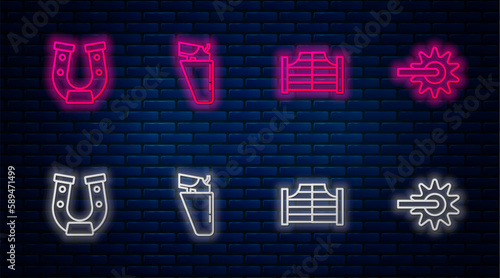 Set line Revolver gun in holster, Saloon door, Horseshoe and Spur. Glowing neon icon on brick wall. Vector