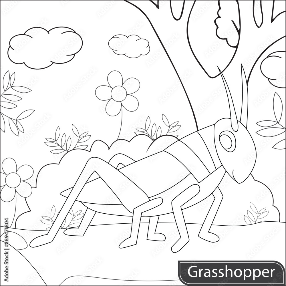 Grasshopper Coloring page for kids Stock Vector | Adobe Stock