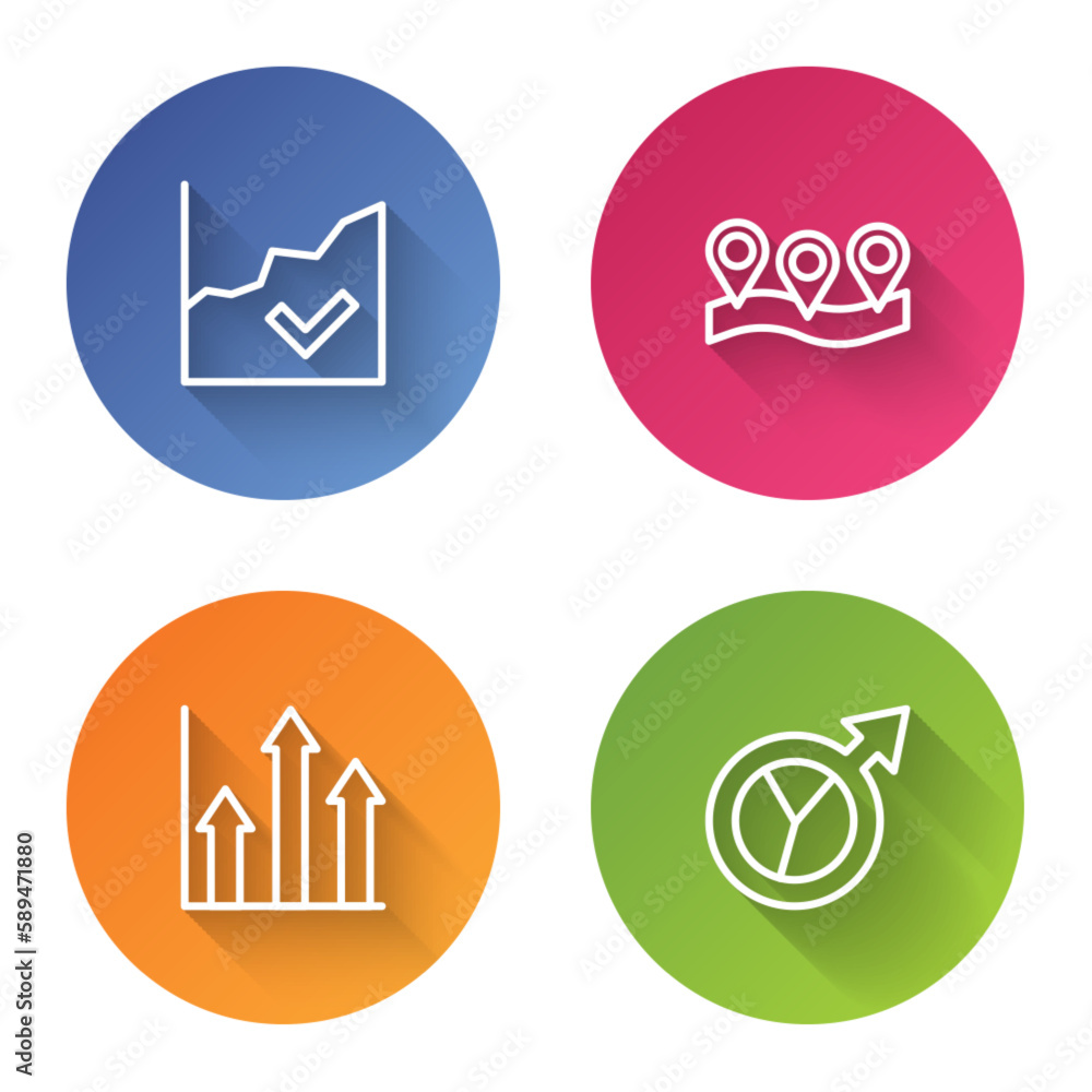 Set line Financial growth increase, Location, Pie chart infographic and . Color circle button. Vector Set line Financial growth increase, Location, Pie chart infographic and . Color circle button. Vector