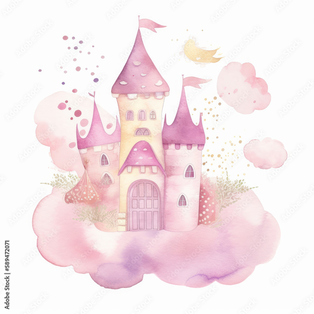 Pink Watercolor Castle Isolated. Illustration AI Generative.