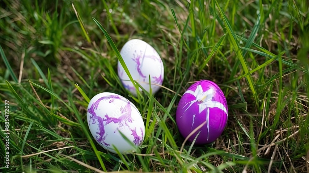 Colorful Easter eggs with different patterns drawn on them. Among the grass in nature, flowers nature and sky around.