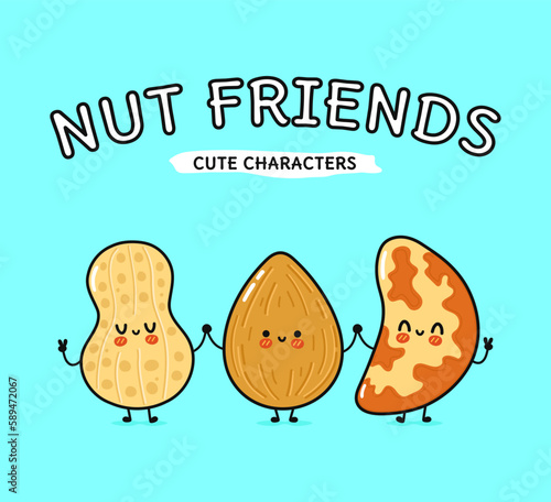 Cute, funny happy almonds, peanuts and Brazilian nut. Vector hand drawn cartoon kawaii characters, illustration icon. Funny happy cartoon almond, peanut and Brazilian nut mascot friends concept