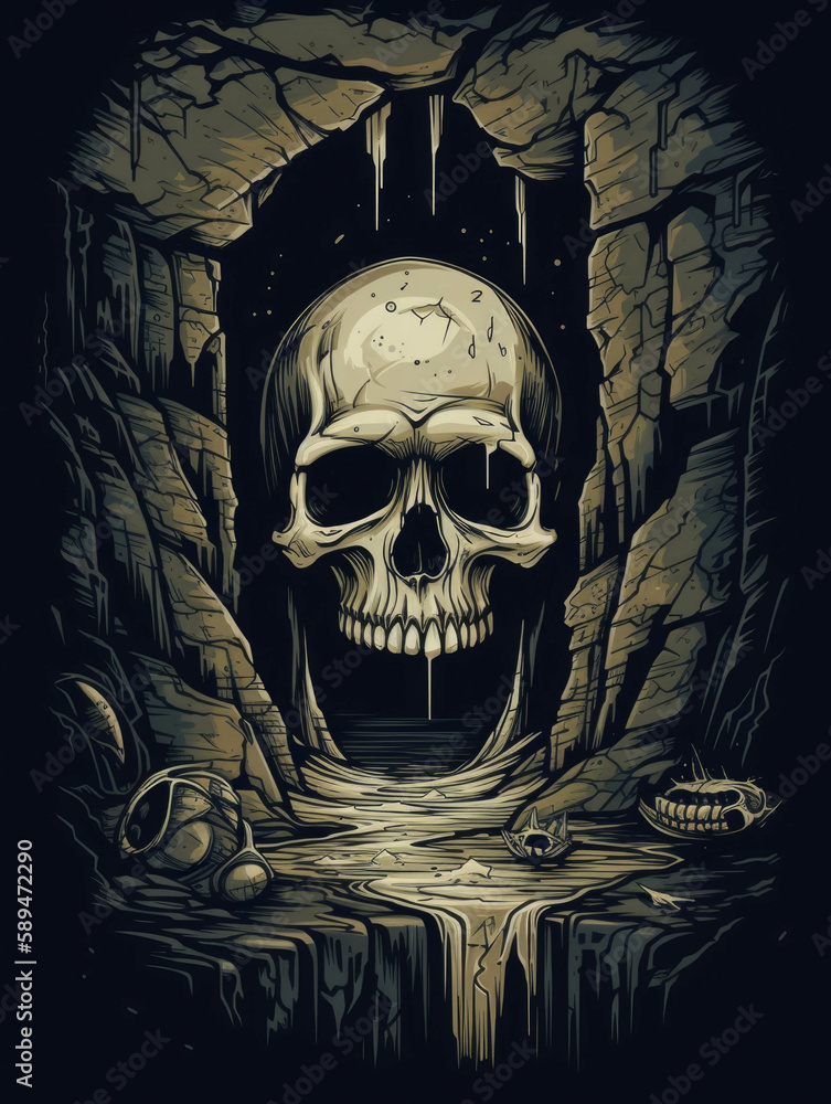 Fototapeta premium A ghoulish skull emerging from a crypt its hollow eyes daring you to dare to enter. Gothic art. AI generation.