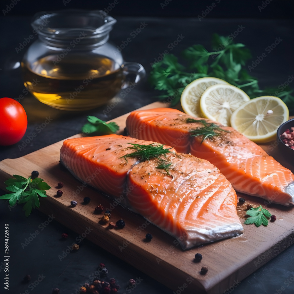 Steak of salmon fish with basil spice in white plate.AI generated. Illustration. Steak of salmon fish with basil spice in white plate.AI generated. Illustration.
