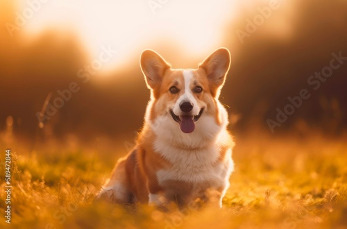 Pembroke Welsh Corgi is sitting in the grass in the park. Generative AI.