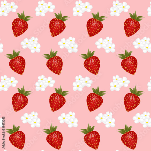 Strawberry with flowers seamless pettern. For sticker and t shirt design, posters, logos, labels, banners, stickers, product packaging design, etc. Vector illustration