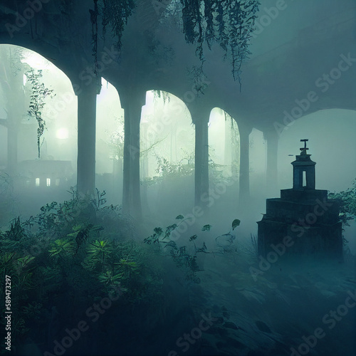 misty morning in the castle, in blue tones, illustration created with Generative AI technology