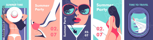 Summer time. Concept of summer party and travel. Perfect background on the theme of season vacation, weekend, beach. Vector illustration in minimalistic style for posters, cover art, flyer, banner.
