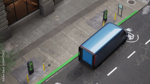High angle shot of modern electric delivery van charging on a street of a big city while courier is delivering the parcel. Realistic 3d rendering