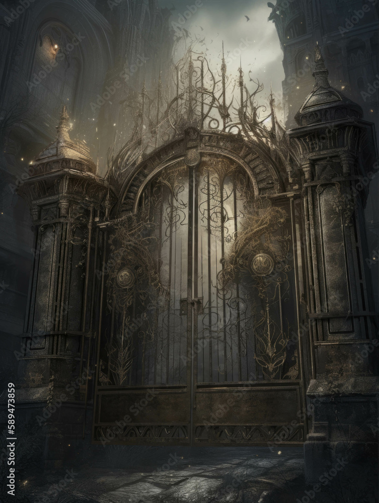 Heavy metal gates encircle a dark and ancient city center. Gothic art. AI generation.
