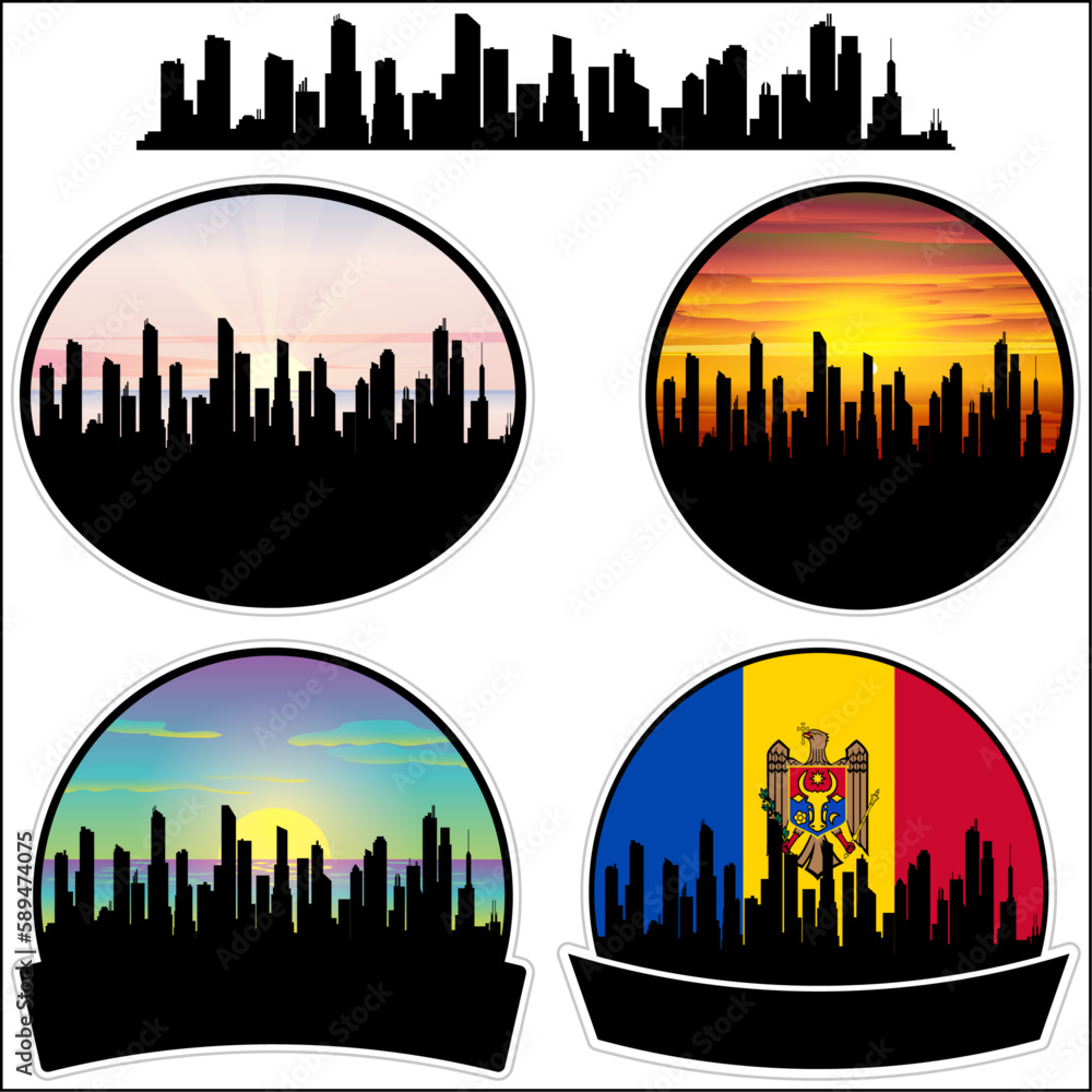 Dubasari Skyline Silhouette Moldova Flag Travel Souvenir Sticker Sunset Background Vector Illustration SVG EPS AI