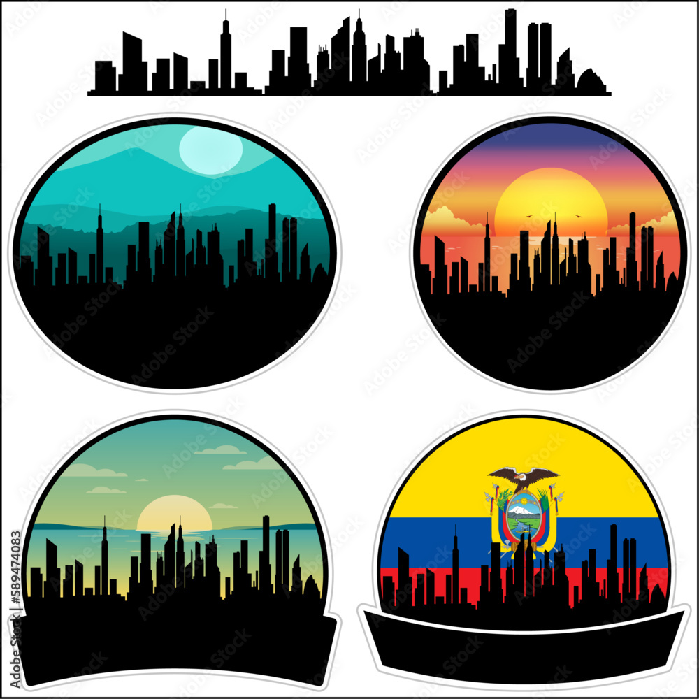 Naranjal Skyline Silhouette Ecuador Flag Travel Souvenir Sticker Sunset Background Vector Illustration SVG EPS AI