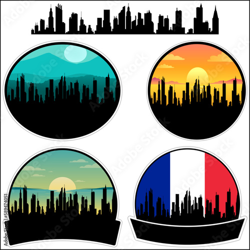 Soissons Skyline Silhouette France Flag Travel Souvenir Sticker Sunset Background Vector Illustration SVG EPS AI