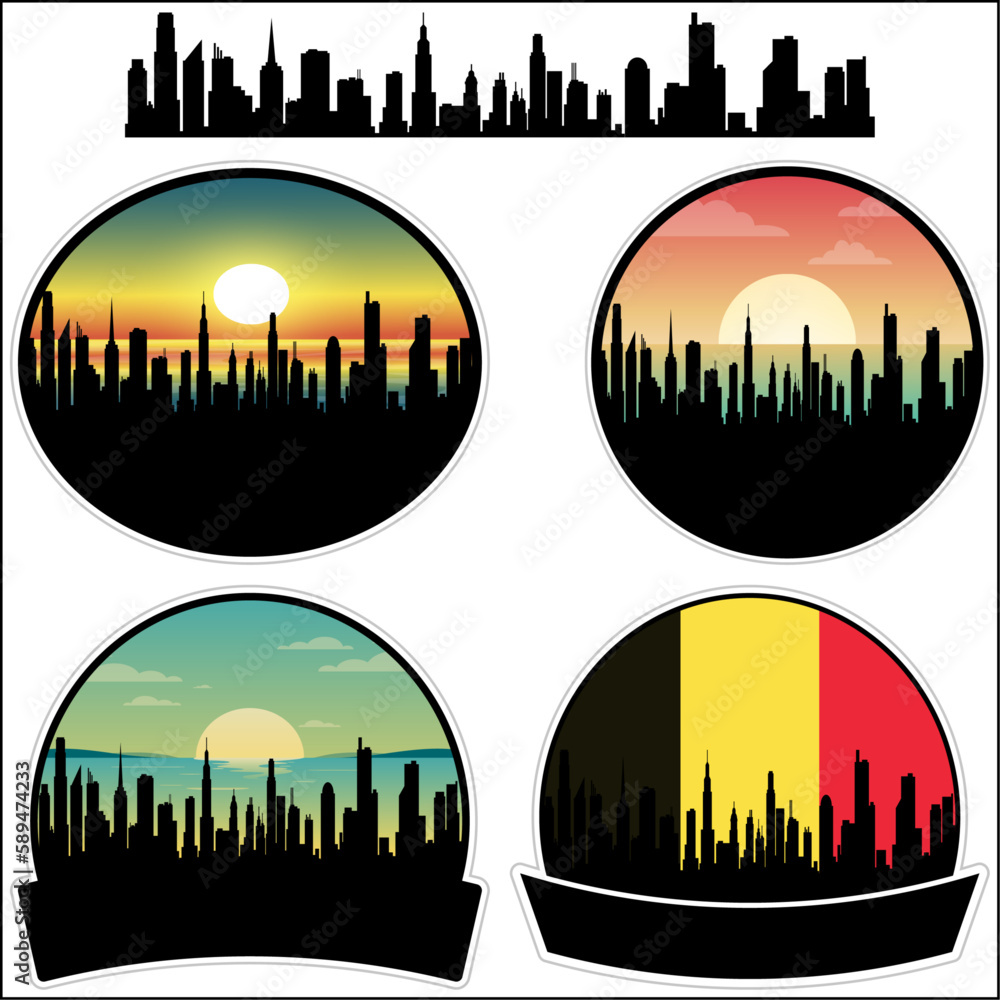 Herentals Skyline Silhouette Belgium Flag Travel Souvenir Sticker Sunset Background Vector Illustration SVG EPS AI