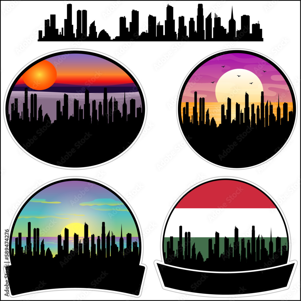 Esztergom Skyline Silhouette Hungary Flag Travel Souvenir Sticker Sunset Background Vector Illustration SVG EPS AI