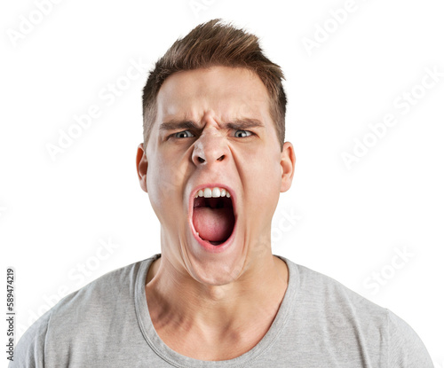 Angry man screaming isolated on white
