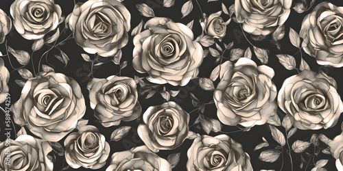 Background of flowers, floral, golden roses on a dark background, ai generated