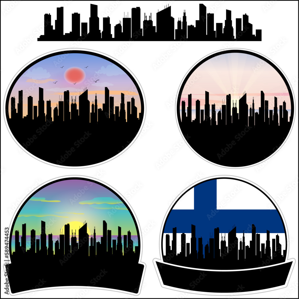 Imatra Skyline Silhouette Finland Flag Travel Souvenir Sticker Sunset Background Vector Illustration SVG EPS AI