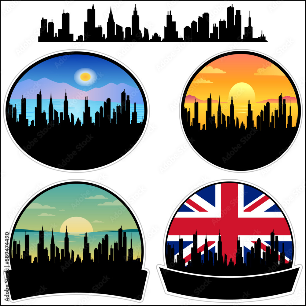 Ashington Skyline Silhouette Uk Flag Travel Souvenir Sticker Sunset Background Vector Illustration SVG EPS AI