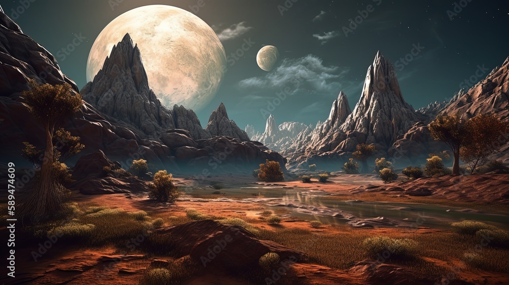 other world, other planet landscape with big moon shine on wasteland, Generative Ai